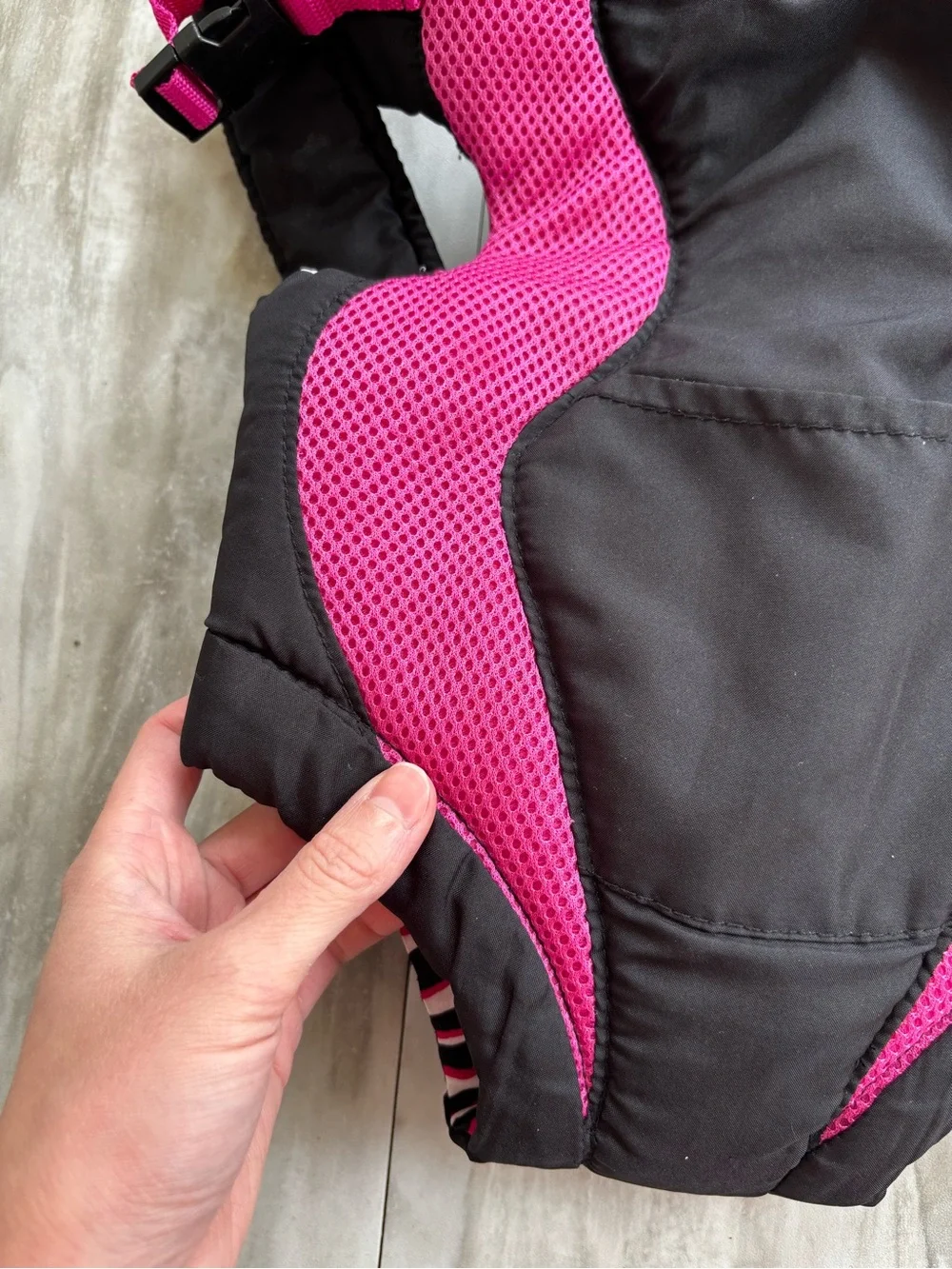 Evenflo Baby Backpack Carrier 7-25 lbs Black Pink White Zebra Stripes Breathable